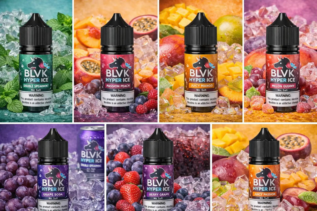 Blvk hyper ice e-liquid bottles in assorted fruity flavors including hyper ice orange soda nicotine salt vape juice