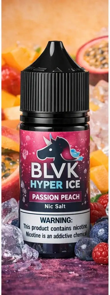 Blvk hyper ice passion peach nic salt e-liquid 30ml bottle with vibrant pink purple label featuring a unicorn design