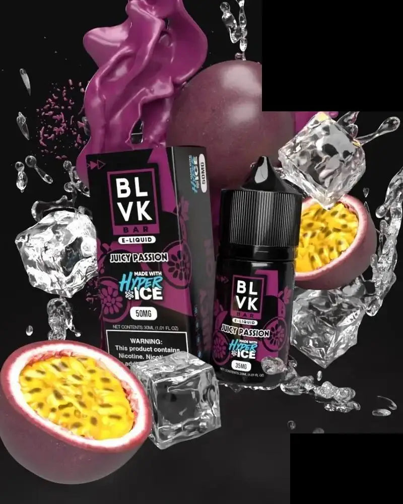 Black blvk hyper ice passion peach e-liquid bottle with purple black packaging and vibrant passion fruit design
