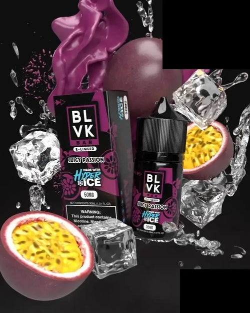 Black blvk hyper ice passion peach e-liquid bottle with purple black packaging and vibrant passion fruit design