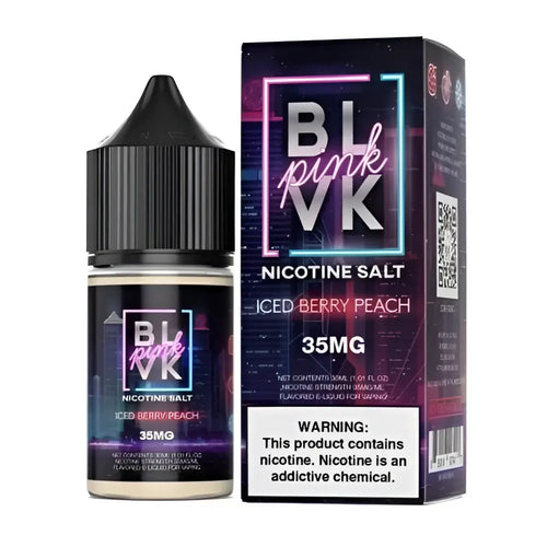 Black-topped blvk pink series iced peach berry nicotine salt e-liquid bottle with neon label and 35mg strength
