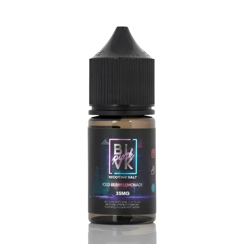 Blvk pink series nicotine salt e-liquid in iced berry lemonade flavor with dark amber glass and sleek black cap bottle