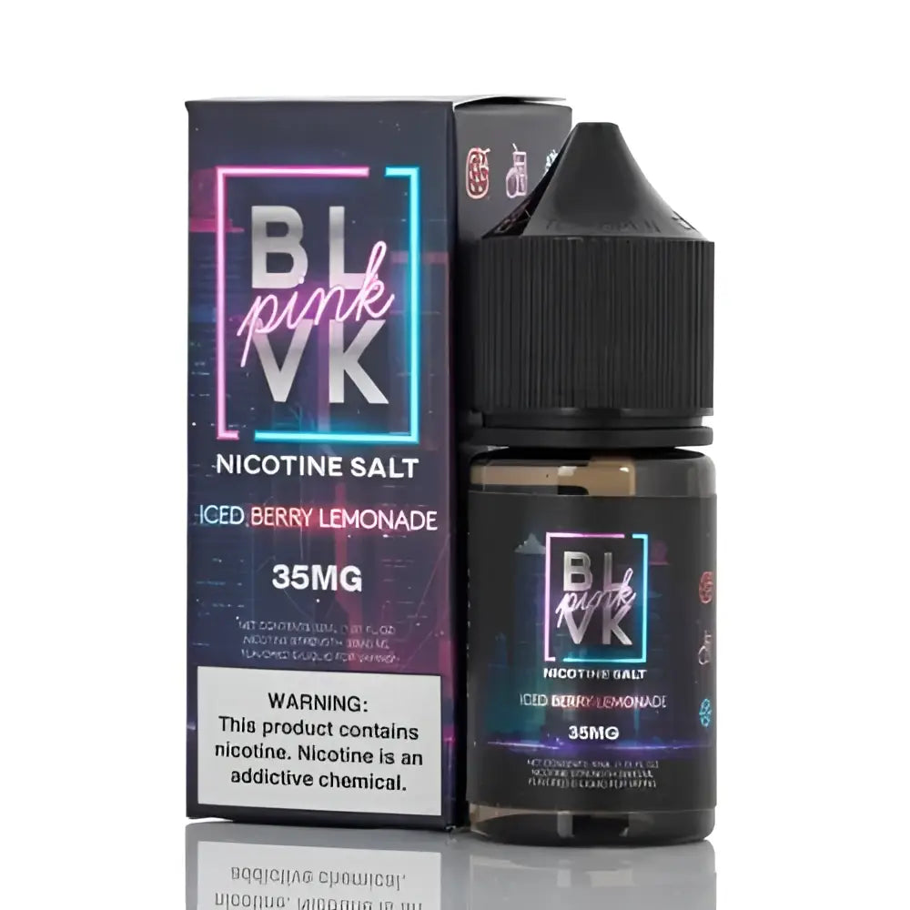 Black glass bottle and matching box of blvk pink series nicotine salt iced berry lemonade 35mg with black cap