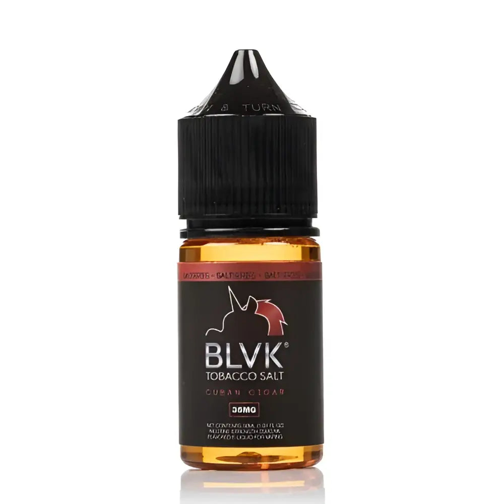 Black-topped blvk unicorn caramel tobacco 30ml nic salt bottle with amber liquid and red black label for vape use