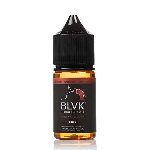 Black-topped blvk unicorn caramel tobacco 30ml nic salt bottle with amber liquid and red black label for vape use