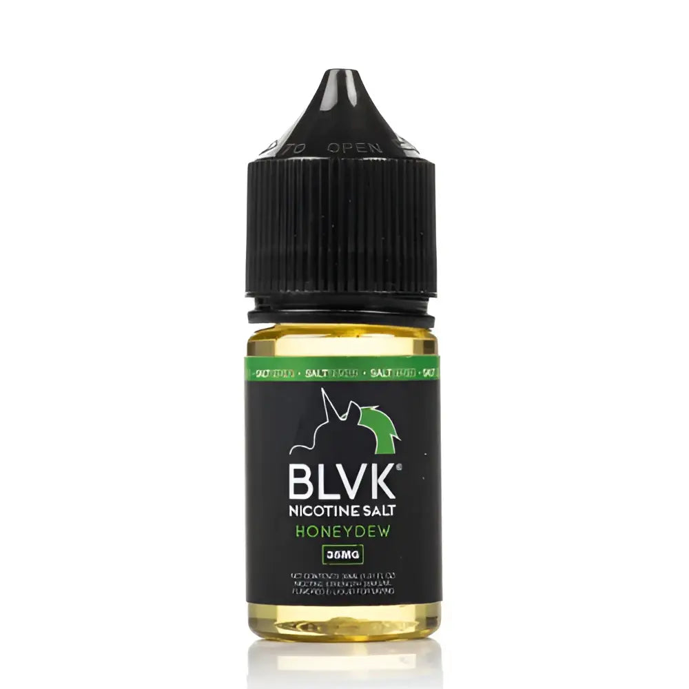Black plastic bottle with black cap containing golden-yellow blvk unicorn honeydew nicotine salt vape juice 30mg