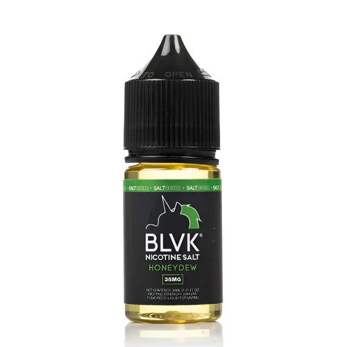 Black plastic bottle with black cap containing golden-yellow blvk unicorn honeydew nicotine salt vape juice 30mg