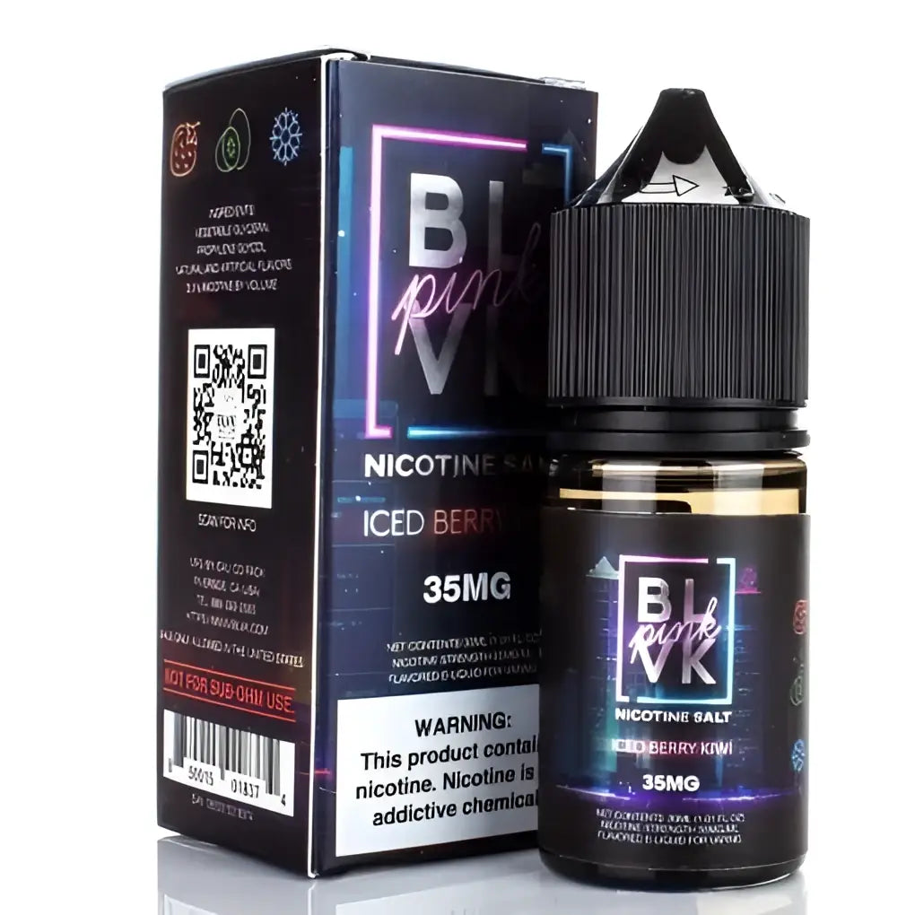 Black glass bottle of blvk unicorn nicotine salt iced kiwi berry 35mg with gold liquid and matching dark box for strawberry ice vape