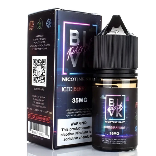 Black glass bottle of blvk unicorn nicotine salt iced kiwi berry 35mg with gold liquid and matching dark box for strawberry ice vape