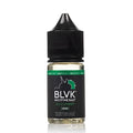 Black glass vape juice bottle with black ribbed cap and green label showing blvk unicorn icy cucumber flavor