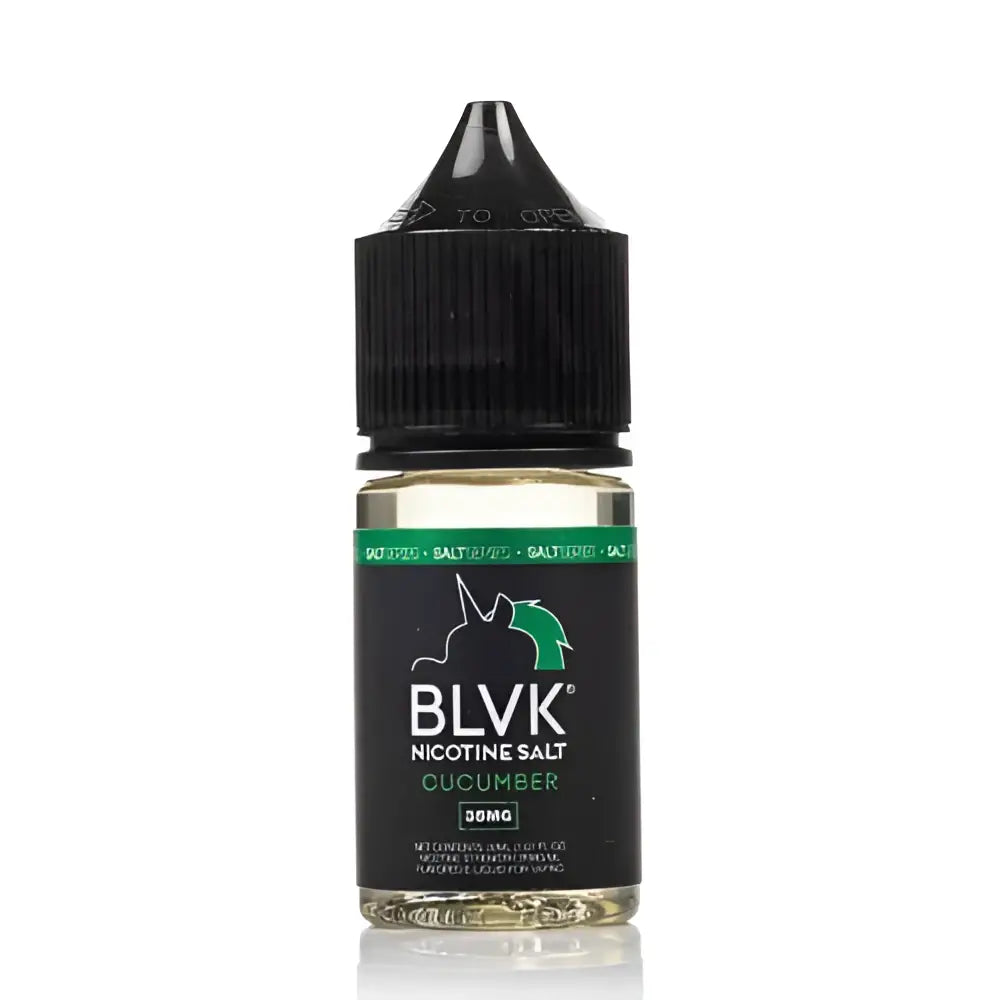 Black glass vape juice bottle with black ribbed cap and green label showing blvk unicorn icy cucumber flavor