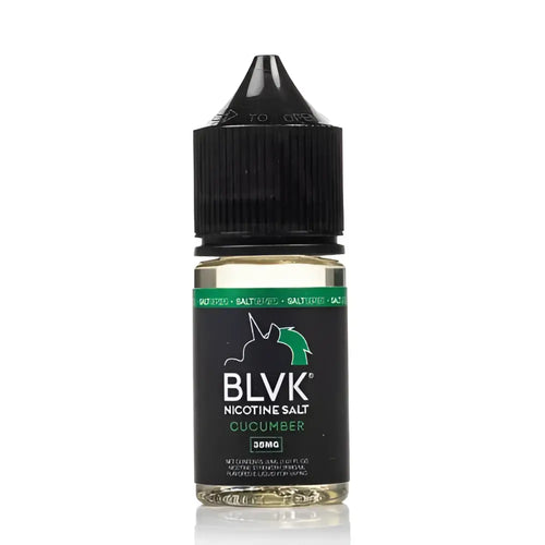 Black glass vape juice bottle with black ribbed cap and green label showing blvk unicorn icy cucumber flavor