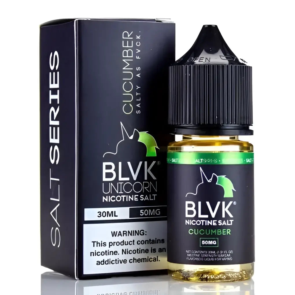 Blvk unicorn icy cucumber 30ml nic salt bottle with black cap and green label featuring icy cucumber flavor