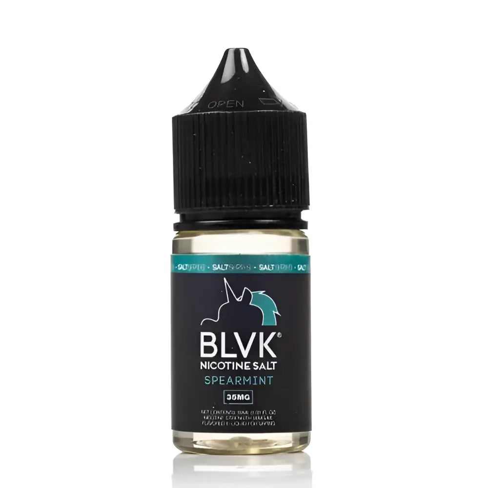 Black and teal blvk unicorn spearmint 30ml nic salt vape juice bottle with black dropper cap spearmint flavor