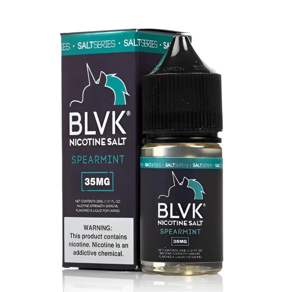 Blvk unicorn spearmint 30ml nic salt e-liquid in a sleek black bottle with teal accents and matching packaging