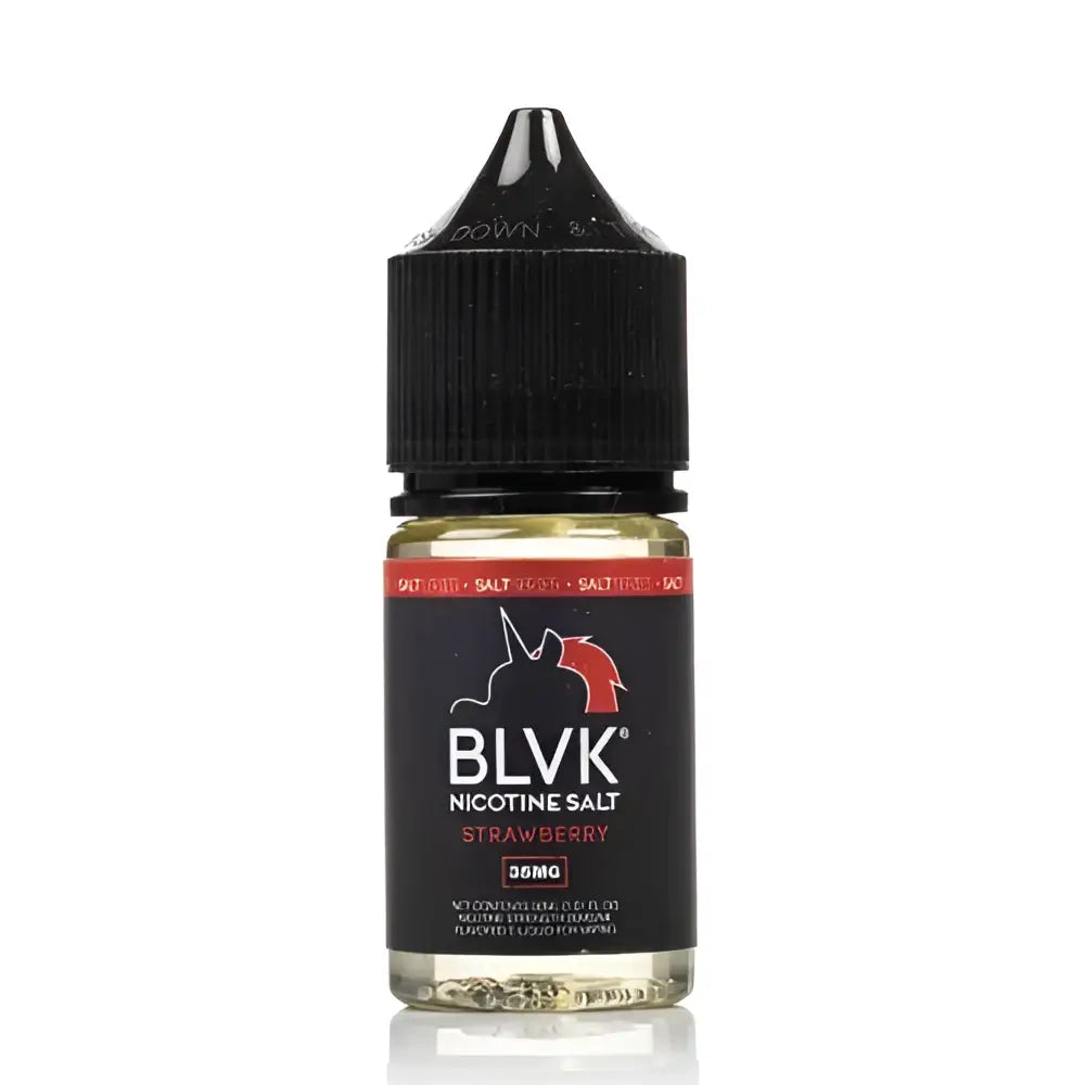 Black glass bottle of blvk unicorn strawberry nic salt e-liquid with 30mg nicotine and red label accents