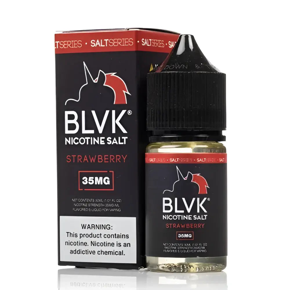 Black blvk unicorn strawberry nicotine salt e-liquid bottle 35mg with red stylized unicorn head logo label