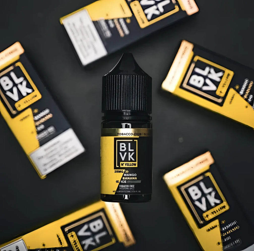 Blvk and yellow mango banana ice 30ml nic salt vape juice bottle with ribbed cap for mango banana ice vaping