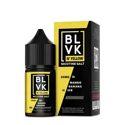 IVG BLVK Yellow Mango Banana Ice Nic Salt vape juice 30ml bottle with vibrant yellow mango and banana flavor, 35MG or 50MG nicotine strength