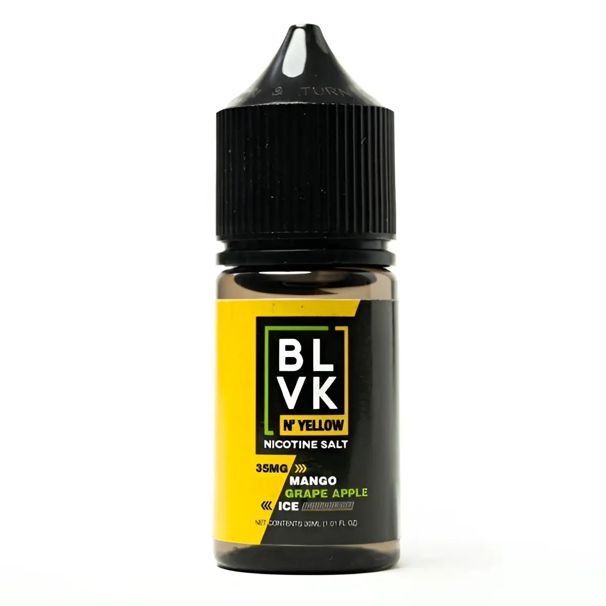 Black glass vape bottle with yellow black label featuring blvk mango grape apple ice flavor 35mg nic salt