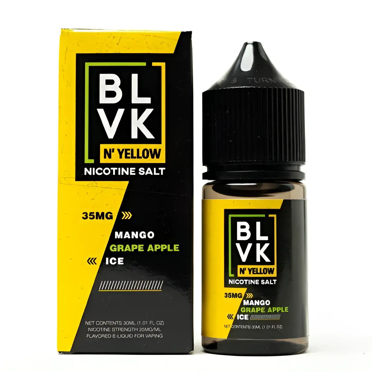 Black and yellow blvk n yellow 30ml nic salt e-liquid bottle with black ribbed cap featuring mango grape apple ice flavor