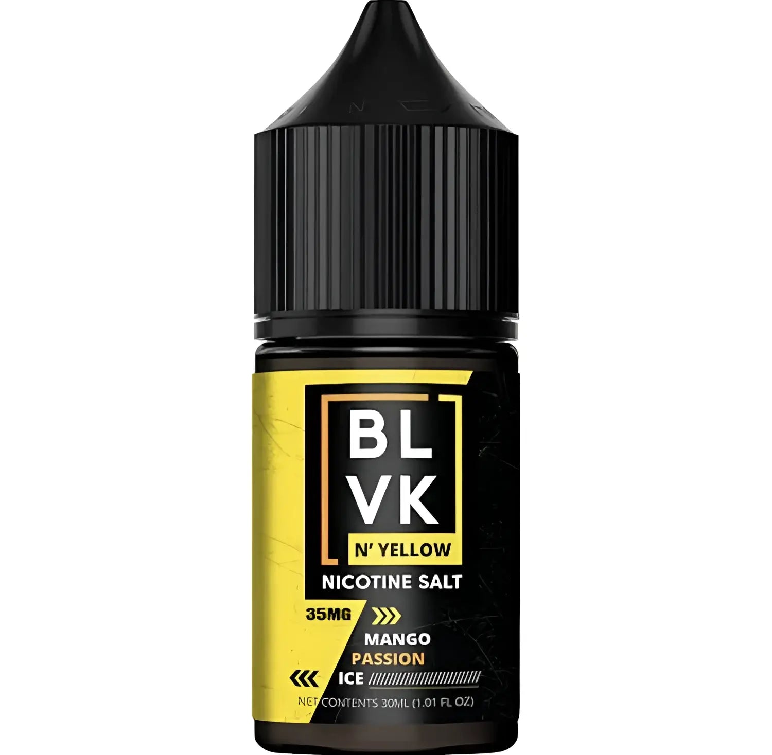 Black plastic vape juice bottle with yellow label featuring blvk brand and mango passion ice 35mg nic salt flavor
