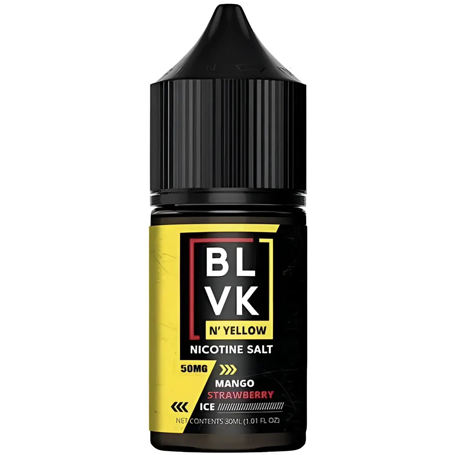 Black plastic vape juice bottle with yellow blvk label mango strawberry ice flavor 50mg nicotine salt vape street india