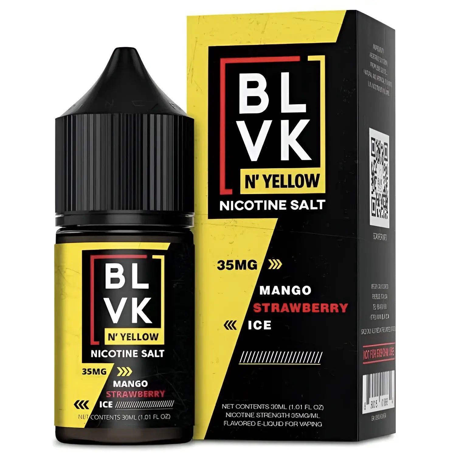 Black and yellow blvk n yellow nicotine salt e-liquid bottle with mango strawberry ice flavor 35mg strength