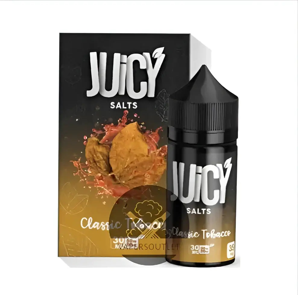 Black plastic bottle with conical cap labeled juicy salts classic tobacco vape juice with 35mg and 50mg nic salt