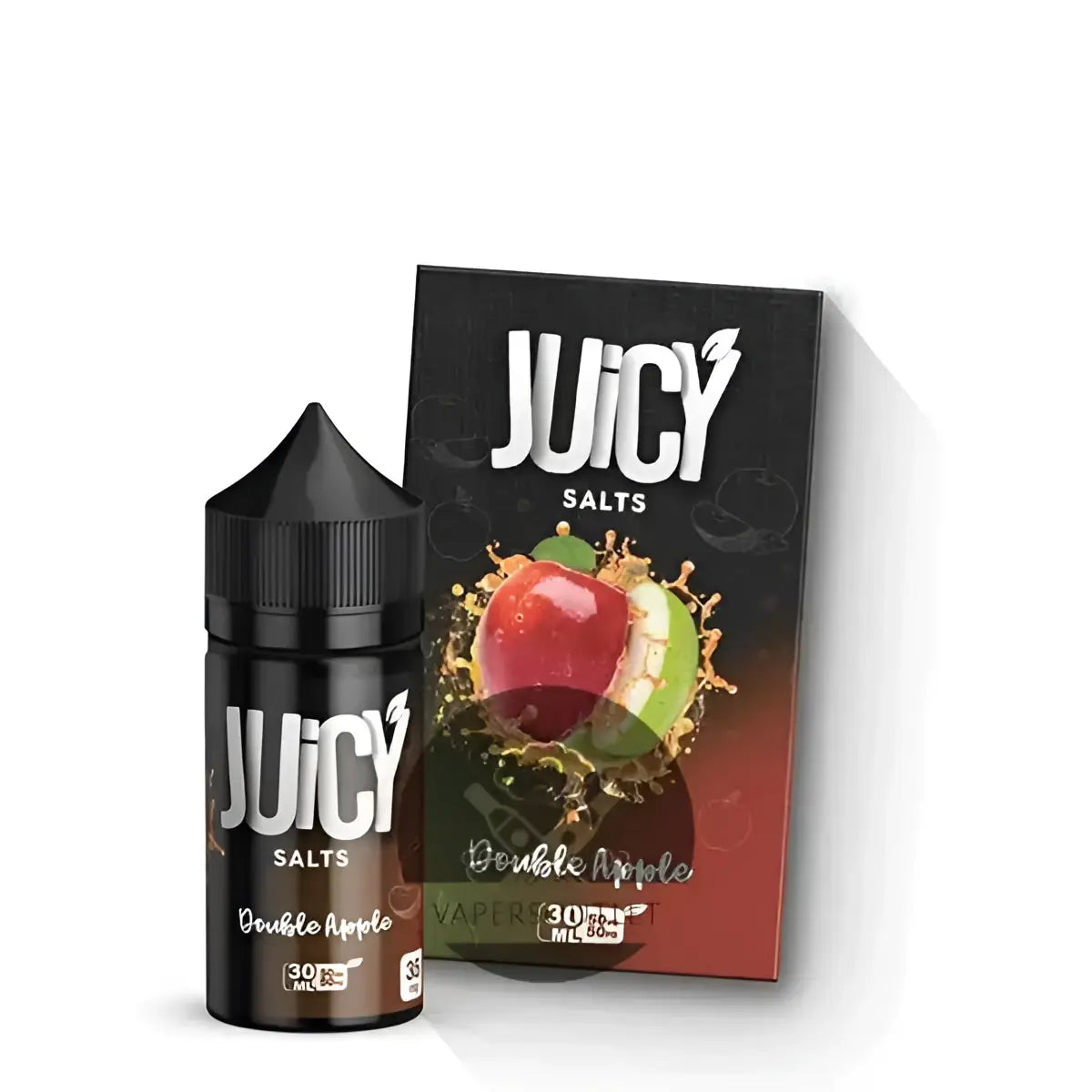 Black bottle of juicy salts double apple 30ml nic salt vape juice with glossy white branding and conical cap