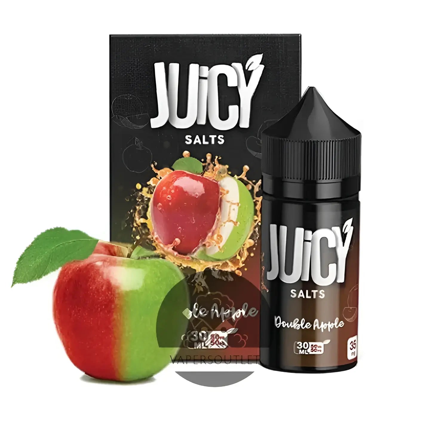 Black bottle of juicy salts double apple 30ml nic salt vape juice with conical cap and glossy white branding label