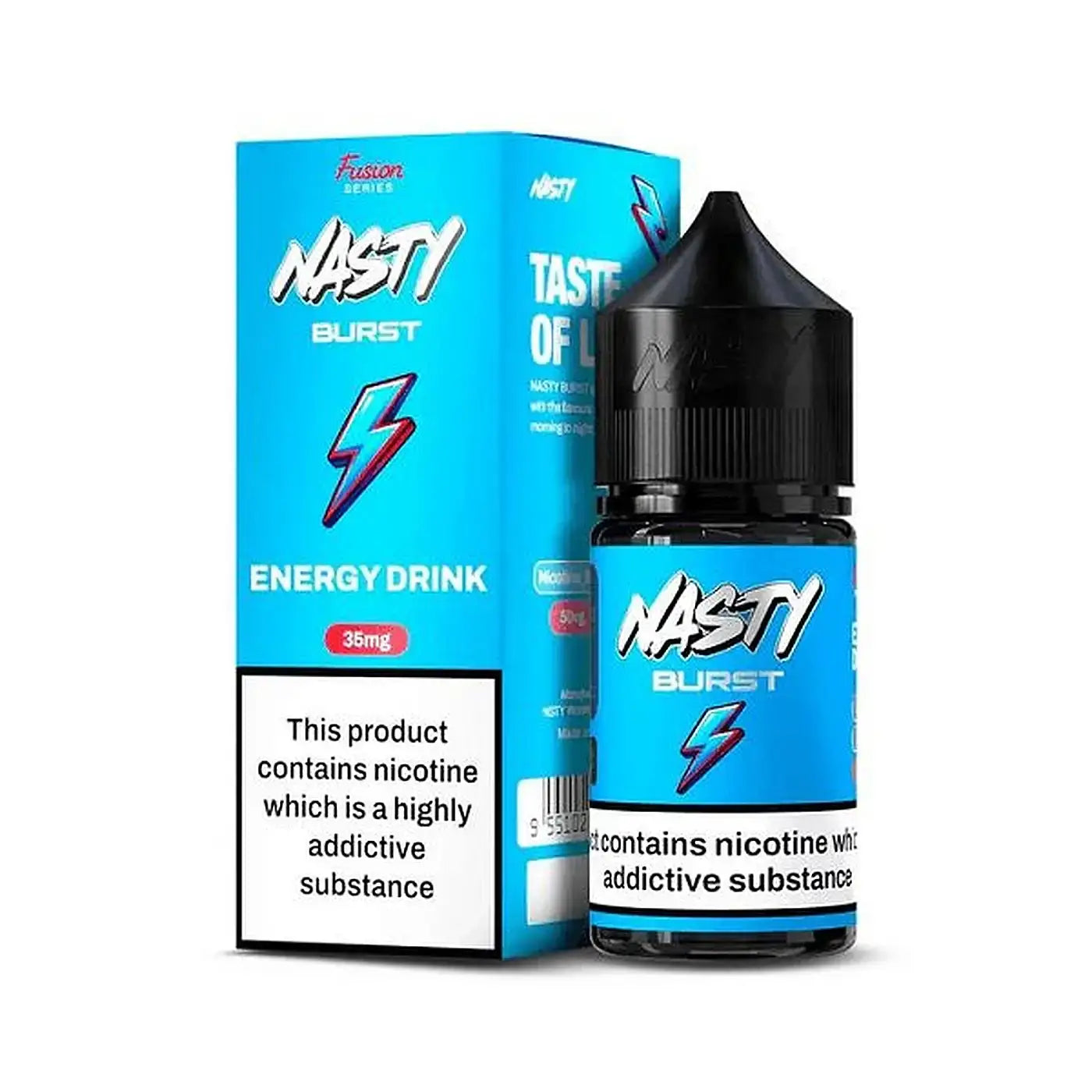 Blue and black nasty burst energy drink bottle with lightning bolt design for vape juice 30ml 35mg 50mg nicotine salt