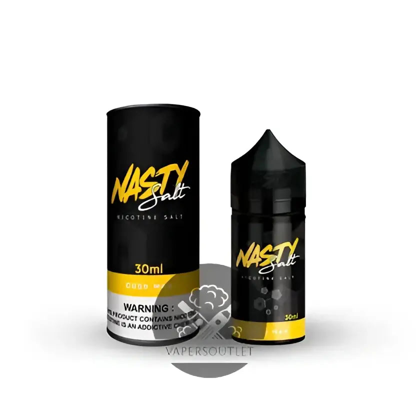 Black cylindrical container with gold lettering and yellow band holding 30ml nasty cushman mango nic salt e-liquid
