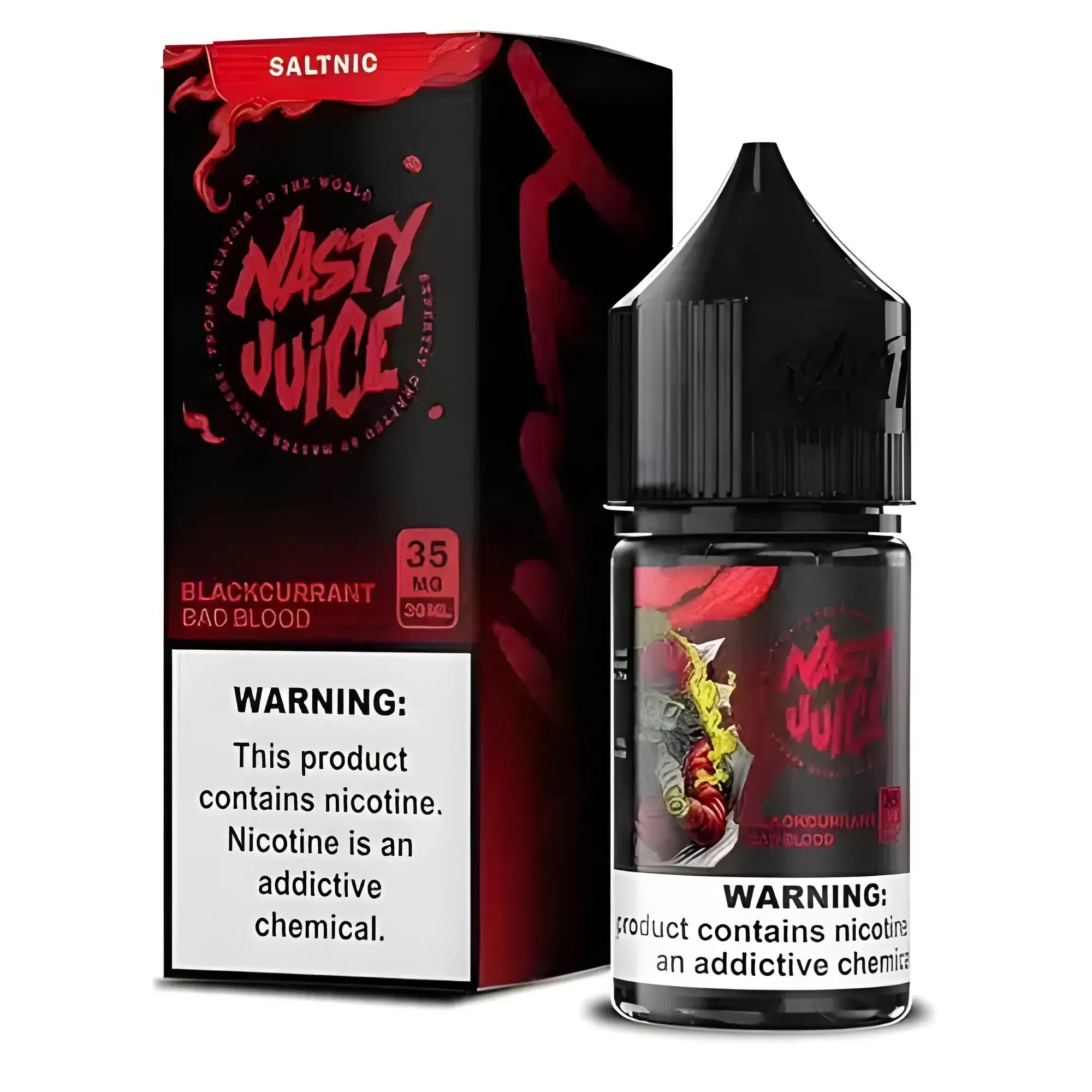 Nasty juice blackcurrant bad blood 35mg nic salt e-liquid in sleek black bottle with red and white branding