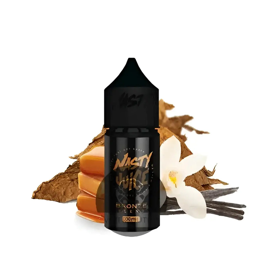 Black glass bottle of nasty juice bronze blend 100ml vape juice with tobacco leaves and vanilla beans background