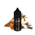 Black glass bottle of nasty juice bronze blend 100ml vape juice with tobacco leaves and vanilla beans background
