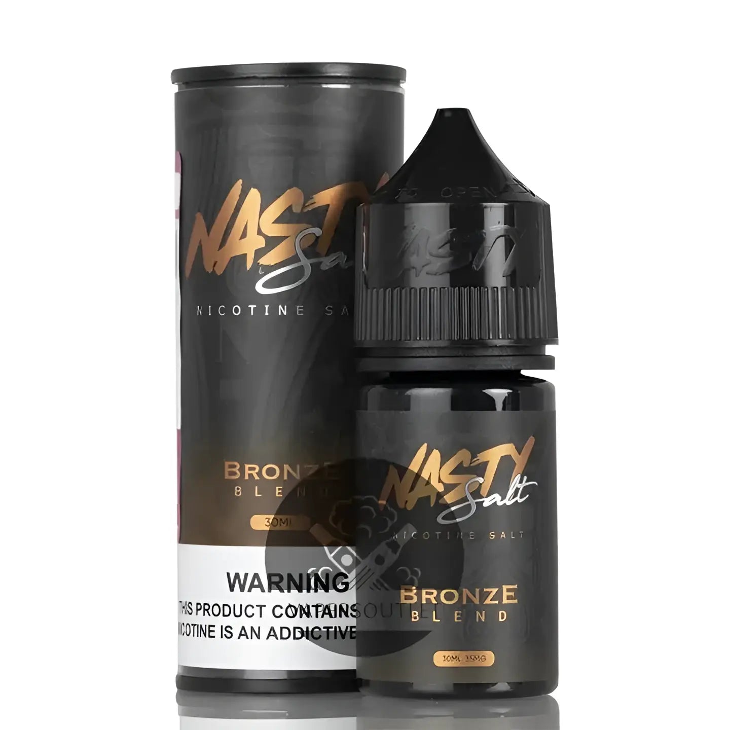 Black glass bottle with gold foil nasty juice bronze blend branding and black child-resistant cap for nic salt vape juice
