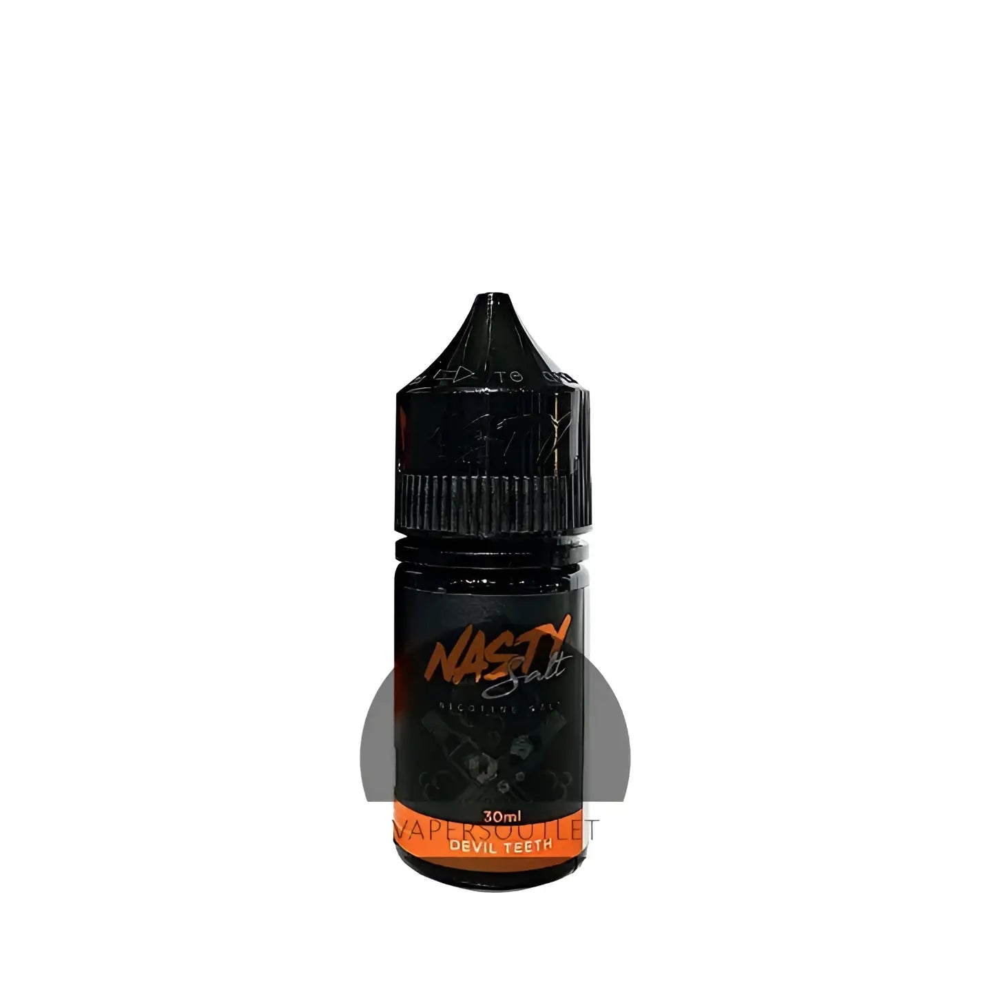 Black glass bottle with black ribbed cap labeled nasty juice devil teeth nic salt 30ml vape juice by vape street india