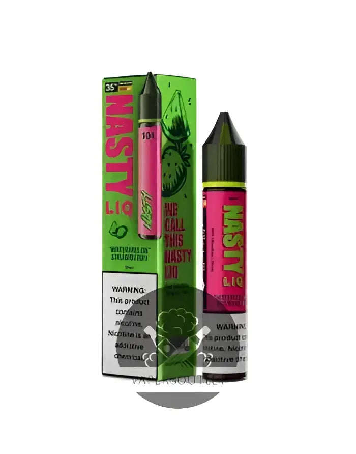 Vibrant pink and neon green nasty juice liq watermelon strawberry 30ml nic salt vape juice bottle with black cap and fruit illustrations