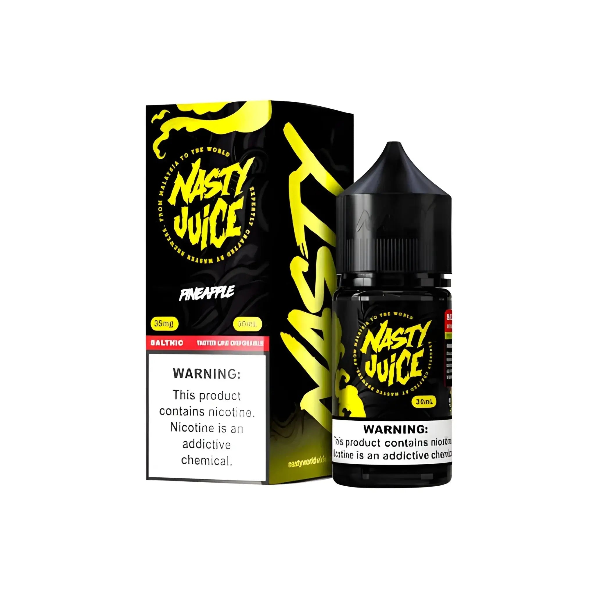 Black glass bottle with black cap and yellow branding for nasty juice pineapple 30ml nic salt vape juice from vape street india