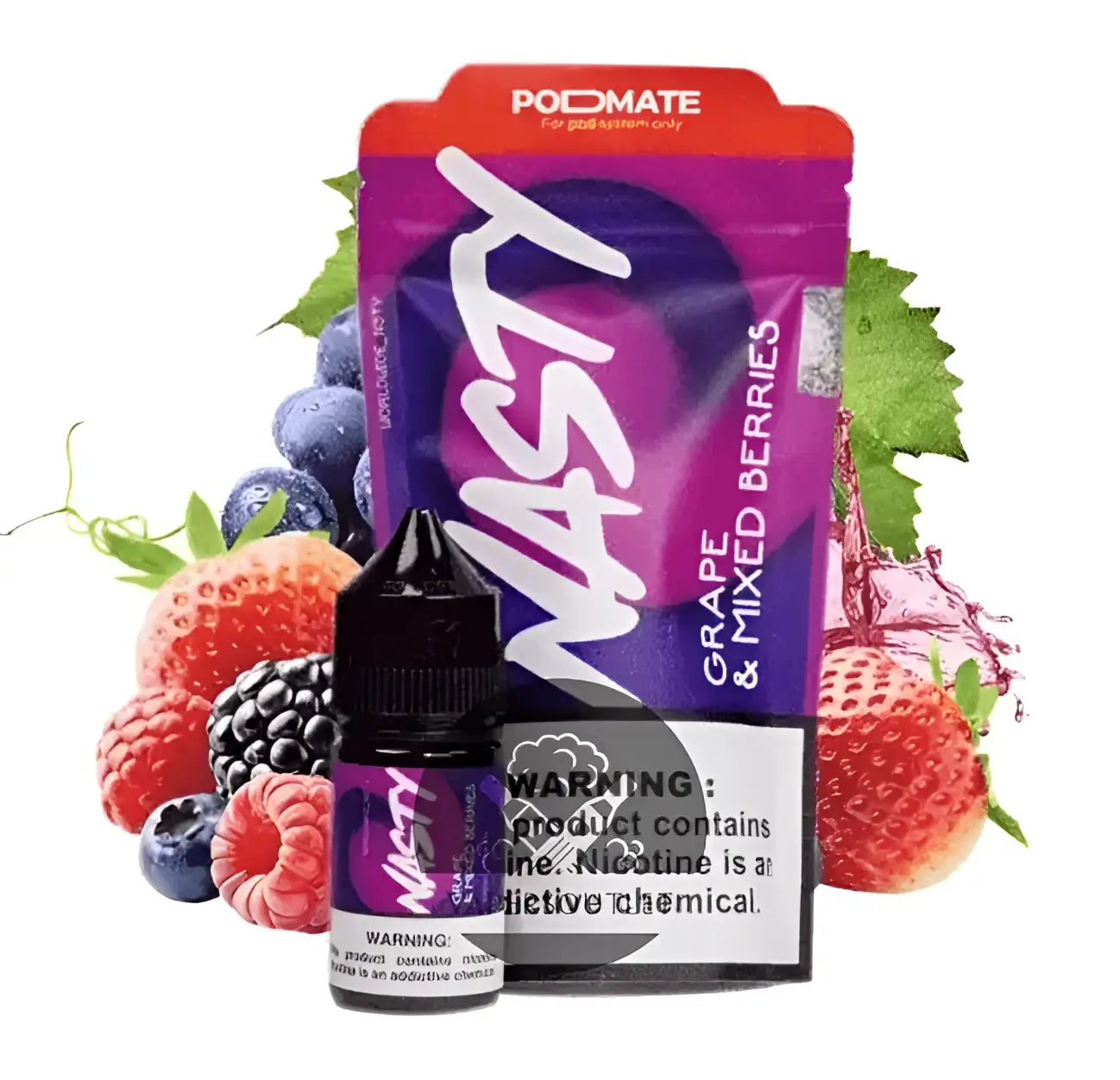 Purple and black nasty juice podmate grape and mix berries 30ml nic salt vape juice bottle with illustrated berries