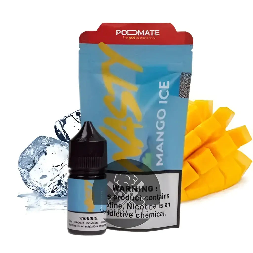 Blue and yellow nasty juice podmate mango ice e-liquid pouch with black dropper bottle and red podmate top 30ml nic salt