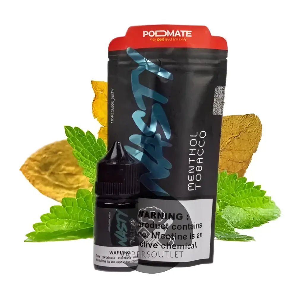 Black and red nasty juice podmate menthol tobacco pouch with bold blue lettering and a small black bottle in front