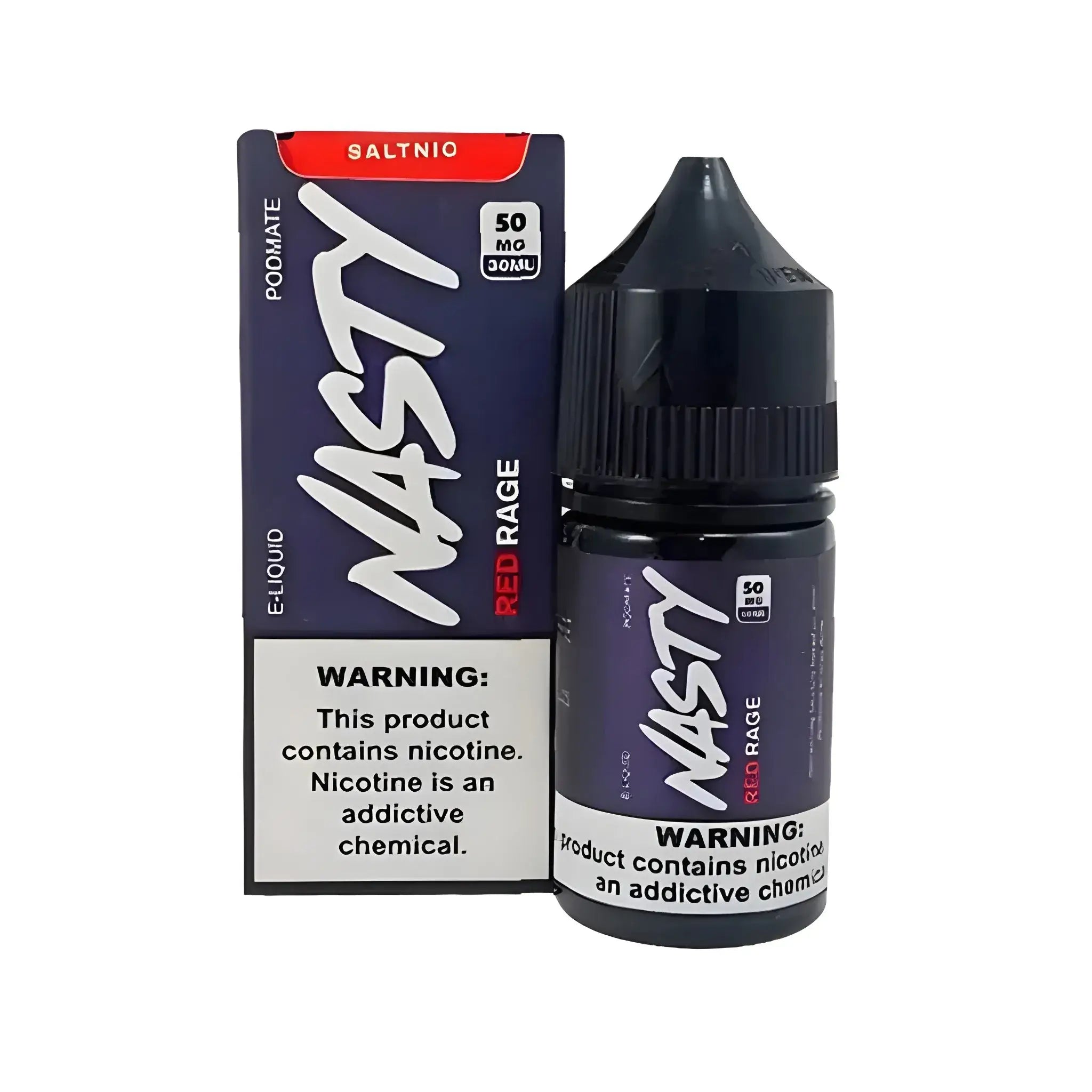 Nasty juice red rage 50mg salt nicotine e-liquid in a black bottle with purple label and matching box for vape use