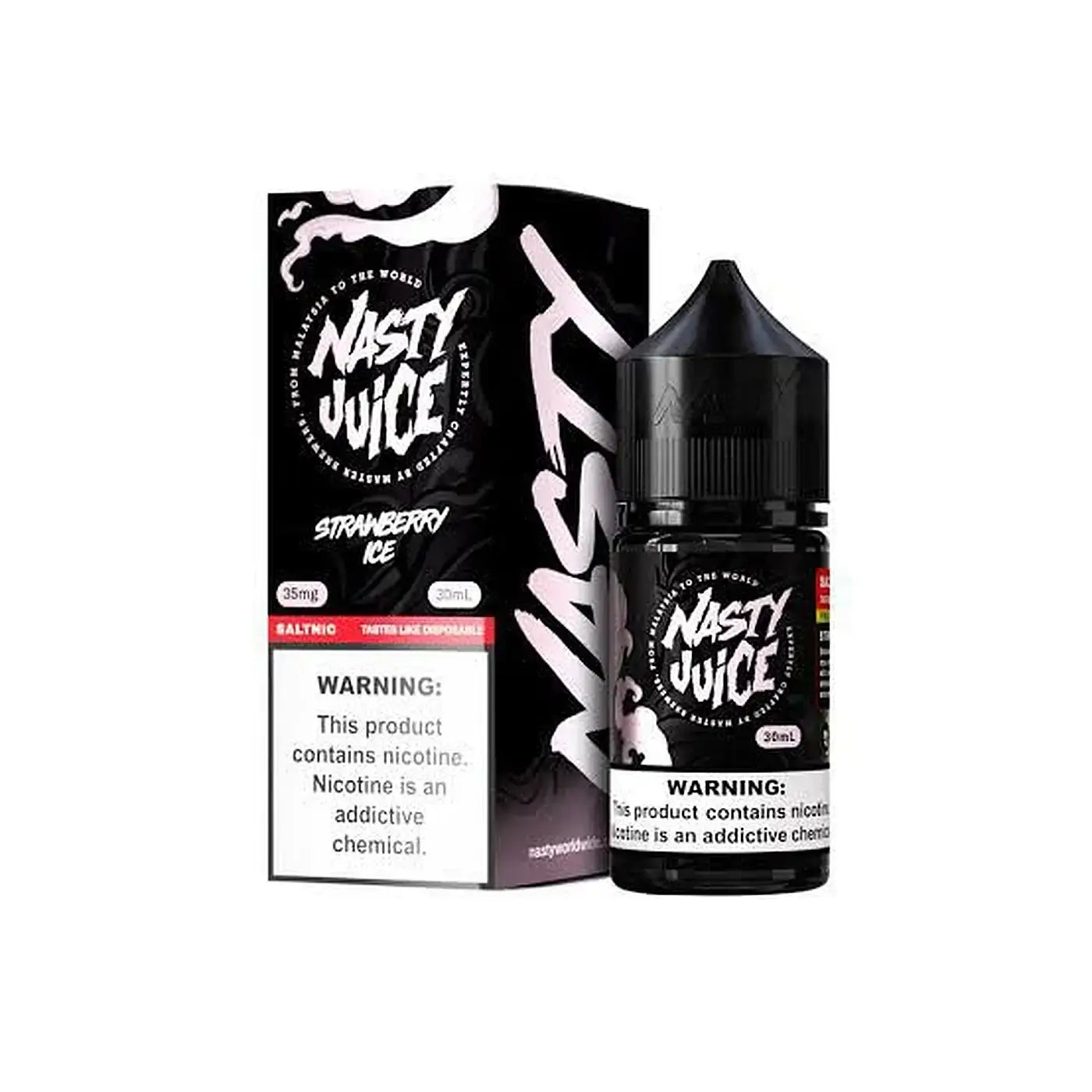 Black glass bottle of nasty juice strawberry ice vape juice with black cap and white label in 30ml nic salt variant