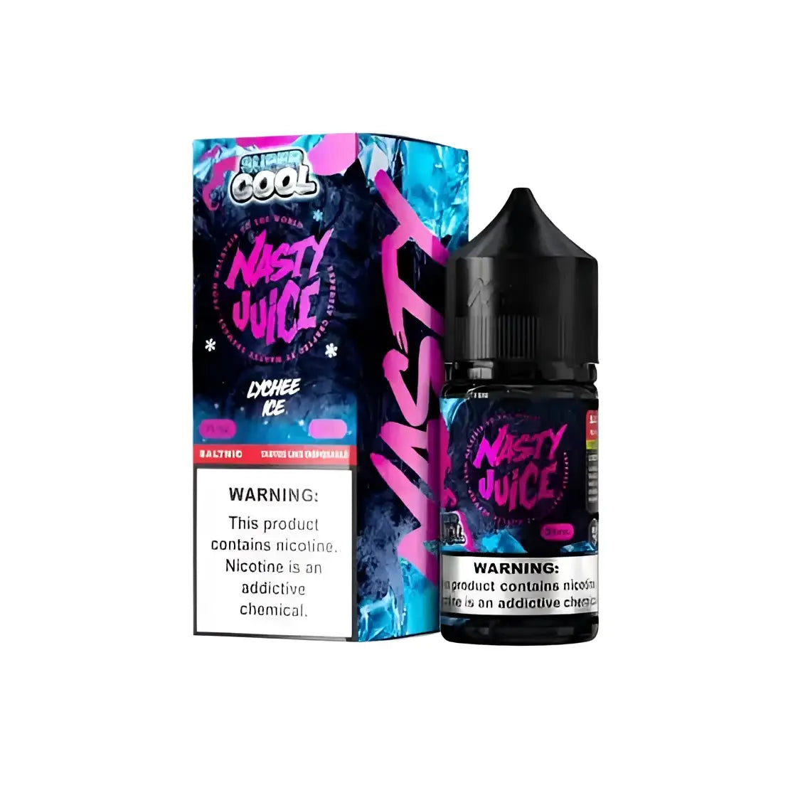 Nasty juice super cool lychee ice 30ml nic salt vape juice in a sleek black bottle with vibrant pink and blue packaging
