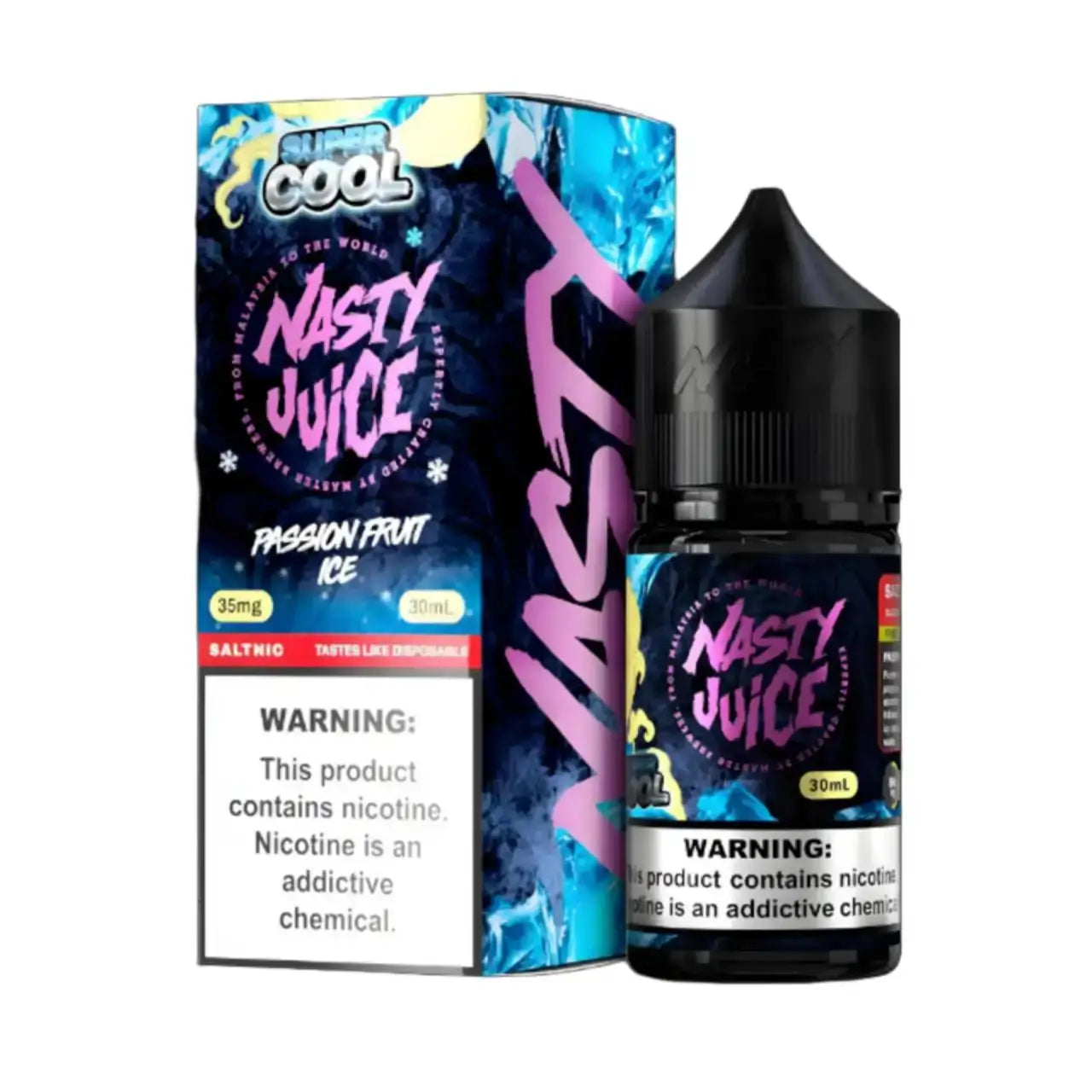 Nasty juice super cool passion fruit ice e-liquid 30ml black bottle with vibrant blue and pink packaging for vaping