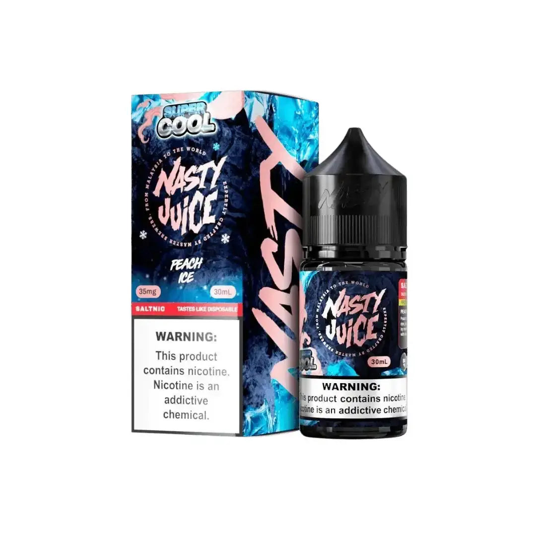 Nasty Juice super cool peach ice 30ml e-liquid in sleek black bottle with blue and pink icy design and matching box