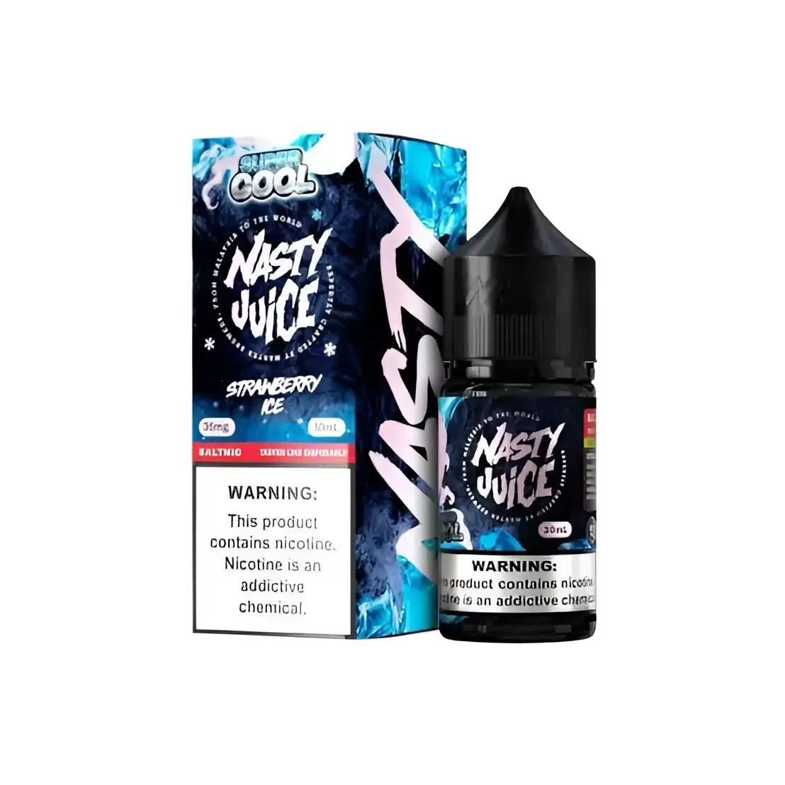 A sleek black 35ml vape liquid bottle of nasty juice super cool strawberry ice with glossy finish and bold white branding