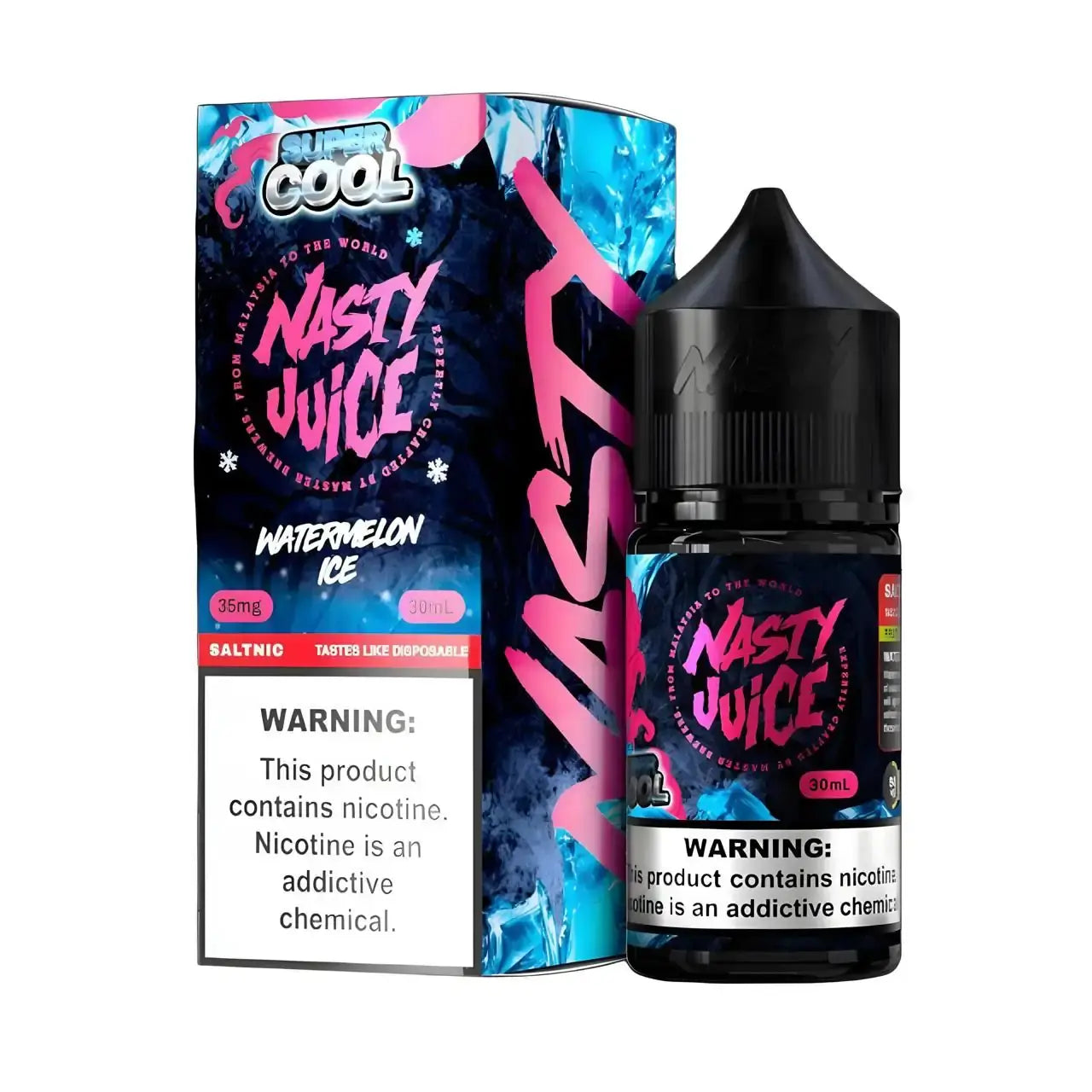 Nasty juice super cool watermelon ice 30ml nic salt vape juice in a black bottle with vibrant pink and blue packaging